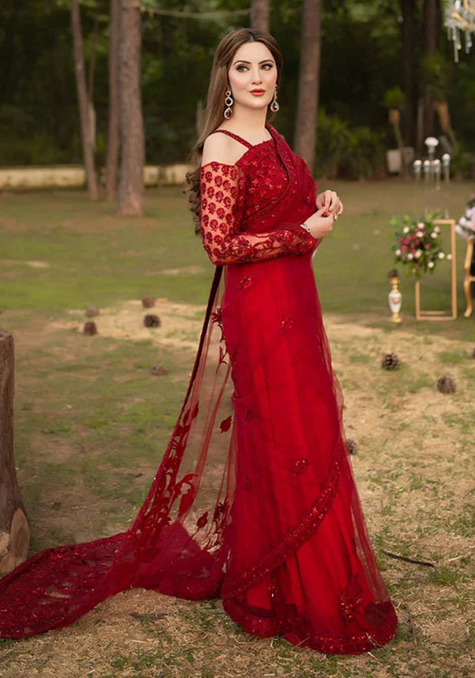 Shazia Kiyani Net Embroidered Saree Unstitched RED GLAM