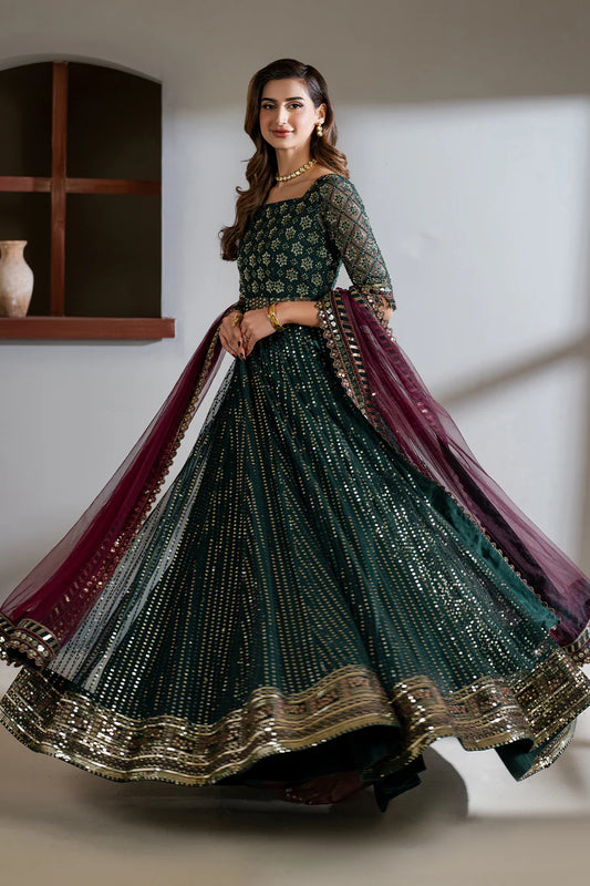 Iznik Meraki Luxury Embroidered Dark Green Luxury Unstitched Net Maxi D-07