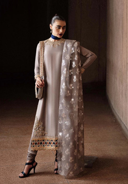 Hussain Rehar Luxury Raw Silk Embroidered 3Pc Unstitched Suit-Mist