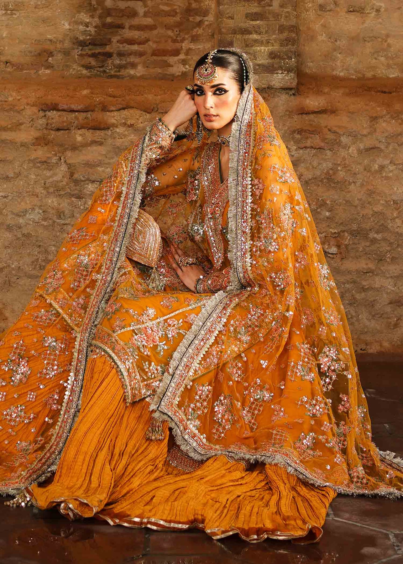 Zaib-un-Nisa by Hussain Rehar Embroidered Net Suits Unstitched 4 Piece HRR23ZN Saffron - Festive Collection