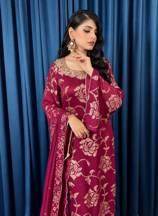 Élegance Aziya Luxury Chiffon Embroidered 3Pc Unstitched Suit PA-155