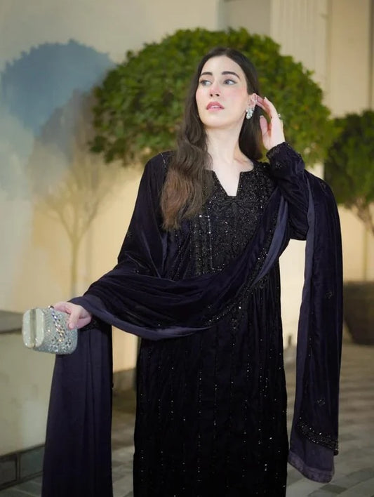 Aneela’s Deep Plum Sparkle Luxury Velvet Embroidered 3Pc Unstitched Suit PA-280