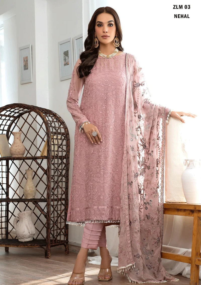 Meeral By Zarif Embroidered Chiffon Suits Unstitched 3 Piece ZF23MR ZLM 03 Nehal - Luxury Formal Collection