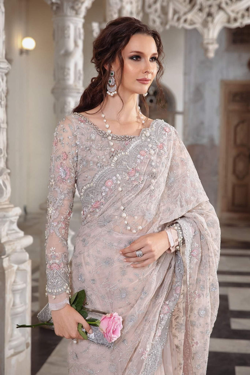 Maria.B Couture Pale Pink Net Embroidered Saree Wedding Edition MC-050
