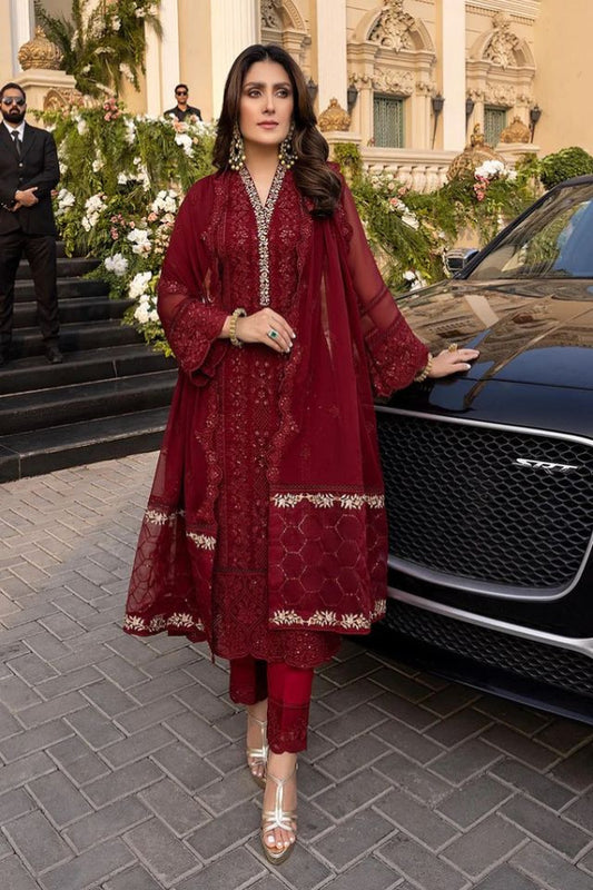 Azure Embroidered Chiffon Suits Unstitched 3 Piece D-03 VIBRANT RUBY - Luxury Collection