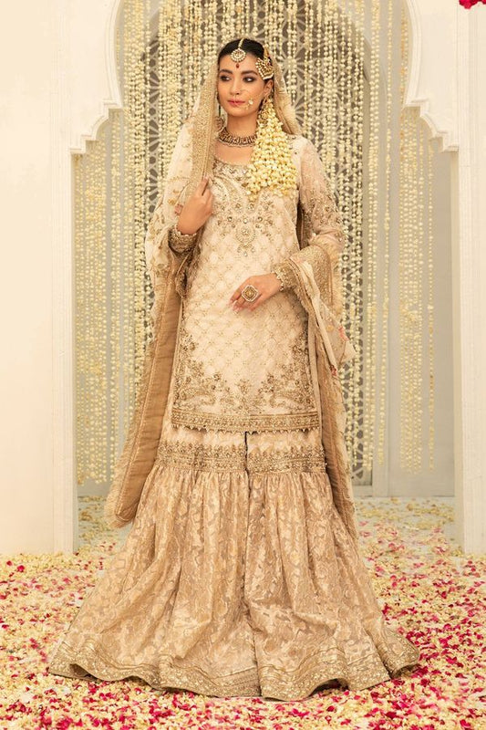 Maria.B Couture Ivory Gold MC-047 Luxury Chiffon Embroidered 3Pc Unstitched Suit Fully Hand Work PA-158