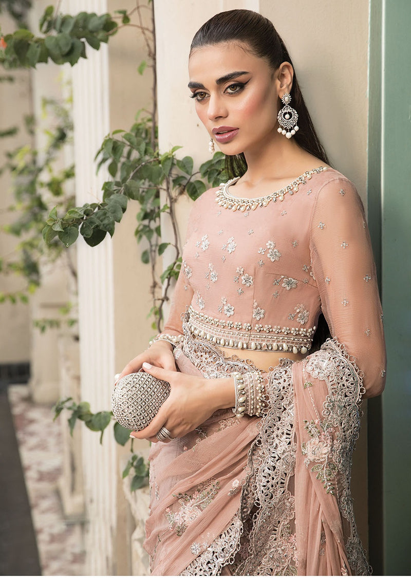 Maria.B Embroidered Chiffon Unstitched Saree MB23SC D5 - Luxury Collection Peach And Grey