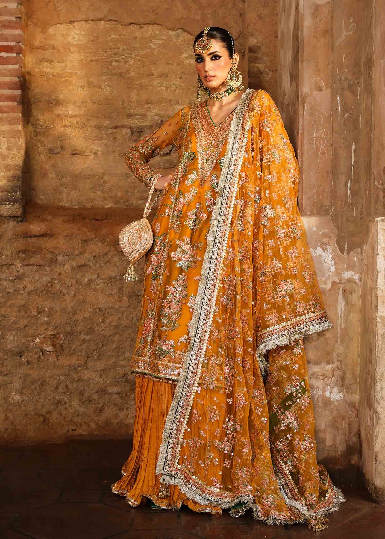 Zaib-un-Nisa by Hussain Rehar Embroidered Net Suits Unstitched 4 Piece HRR23ZN Saffron - Festive Collection