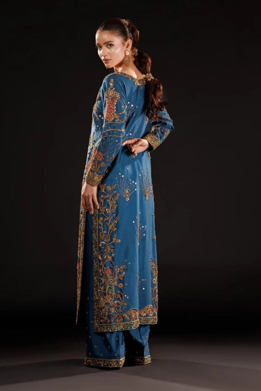 Usama  Luxury Raw Silk Embroidered 3Pc Unstitched Suit Azure Dynasty