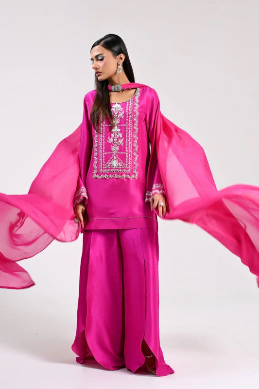 Pehnawa Luxury Tussle Silk Embroidered Unstitched 3PC -Fuchsia Flame