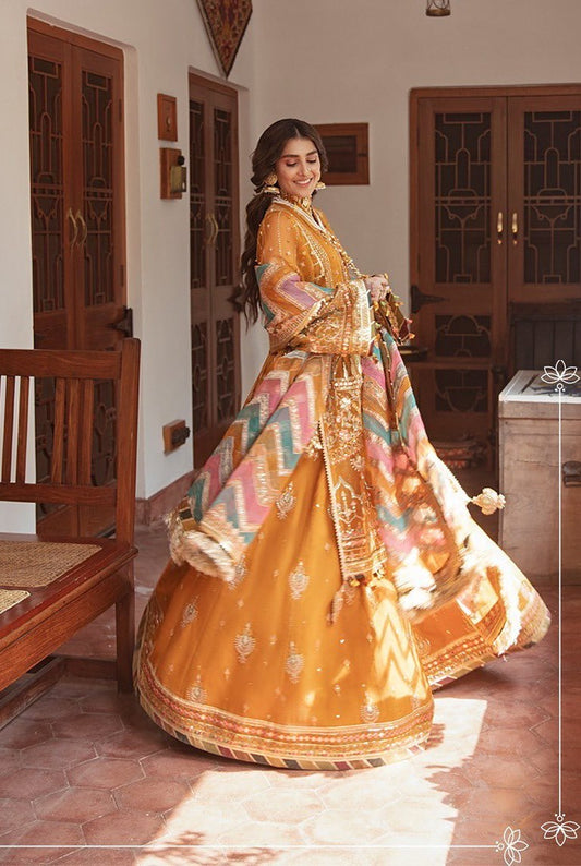 Zarlish By Mohsin Naveed Ranjha Organza Embroidered Unstitched 3 Pcs Henna Mustard