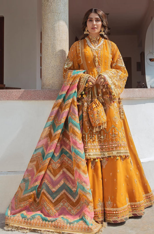 Zarlish By Mohsin Naveed Ranjha Organza Embroidered Unstitched 3 Pcs Henna Mustard