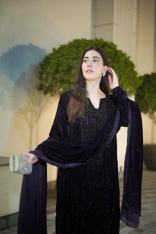 Aneela’s Deep Plum Sparkle Velvet 3 Pc Unstitched Collection