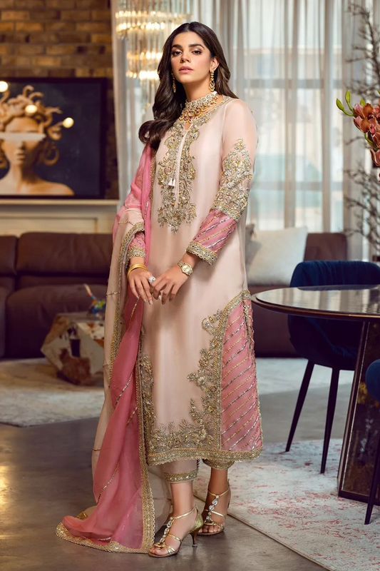 Sara Rohail Asghar SRA Organza Embroidered Hand Emblishment Collection PEACH NOUVEAU
