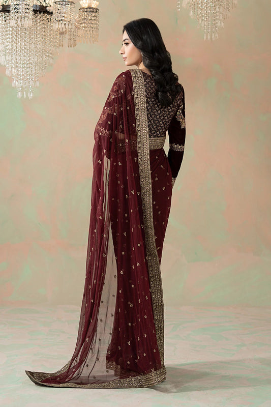 Maria B 11R1-Maroon Luxury Net Embroidered 3Pc Unstitched Sari PA-131