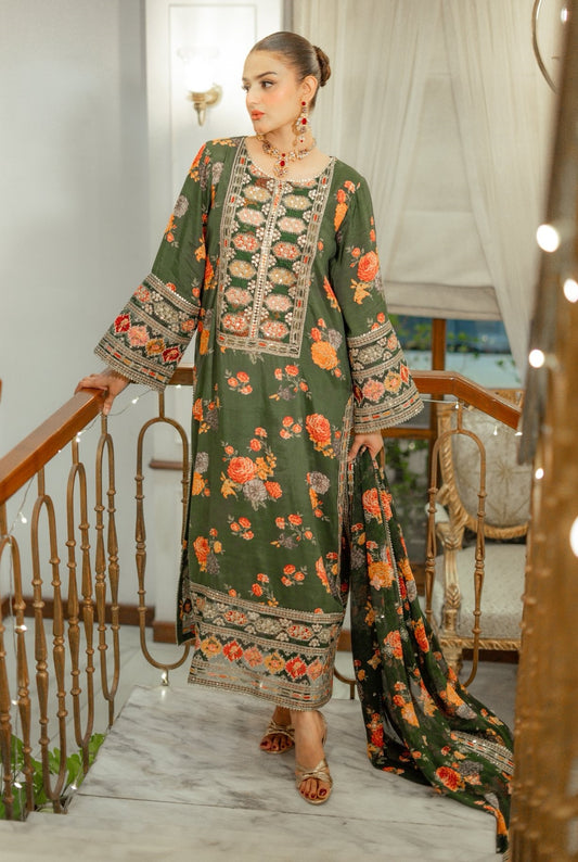 Aneelas Silk Dress Embroidered 3 Piece Unstitched LUX-15 (Green)