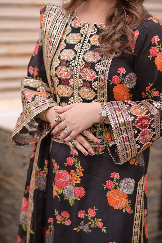 Aneelas Luxury Silk 3 Piece Unstitched (Black)