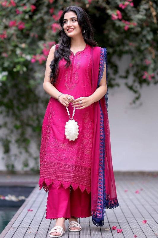 Republic Womenswear Luxury Lawn Embroidered 3 Pc Unstitched Suit Shocking Pink