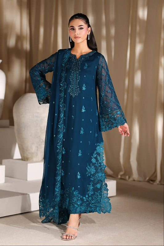 Azure Luxury Chiffon Embroidered 3Pc Unstitched Suit-Majestic Teal