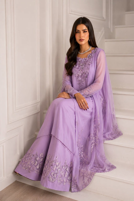 Iznik Luxury Chiffon Embroidered 3PC Unstitched Suit-Lilac