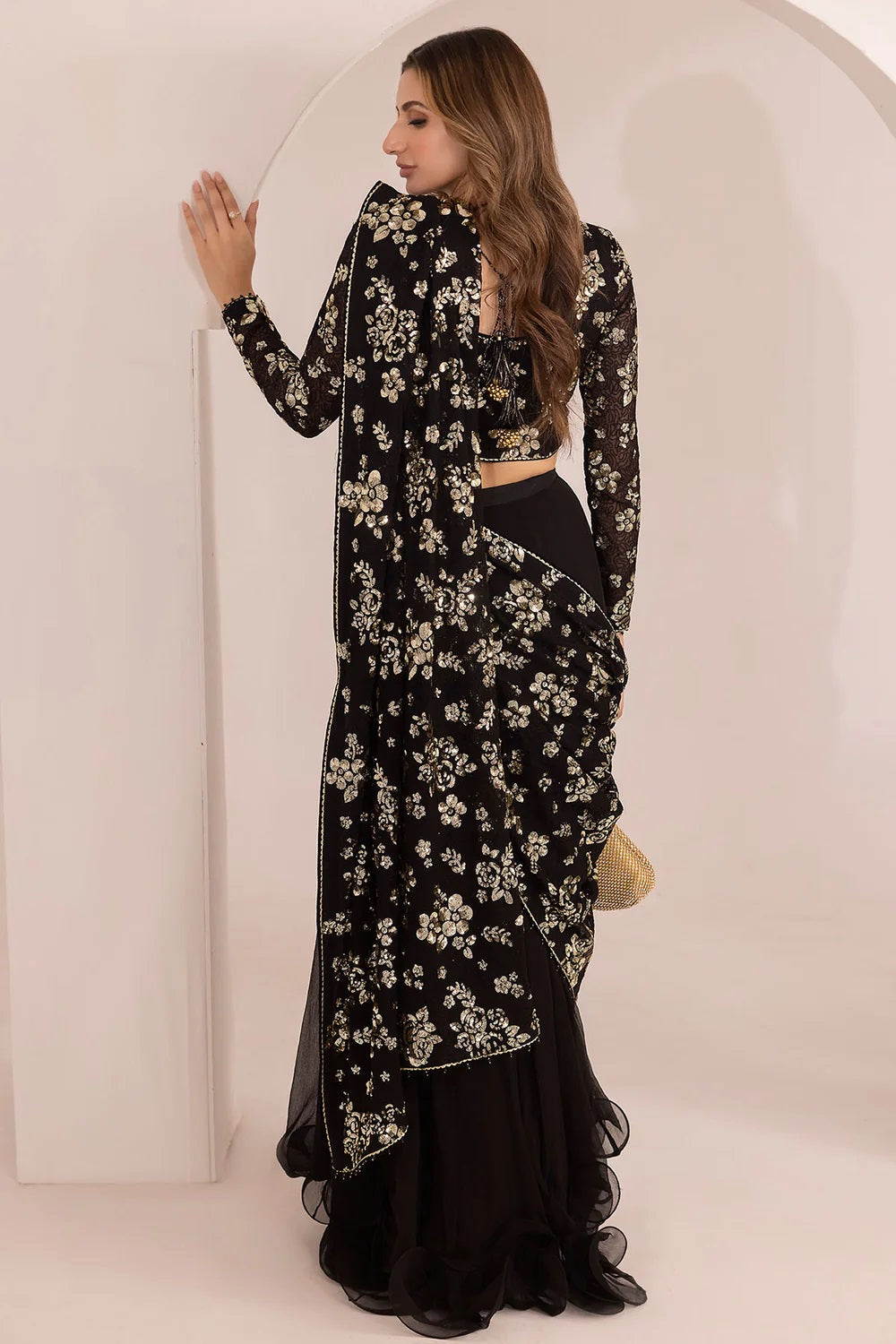 Jazmine Chiffon Embroidered Saree Unstitched UC-3021 BLACK