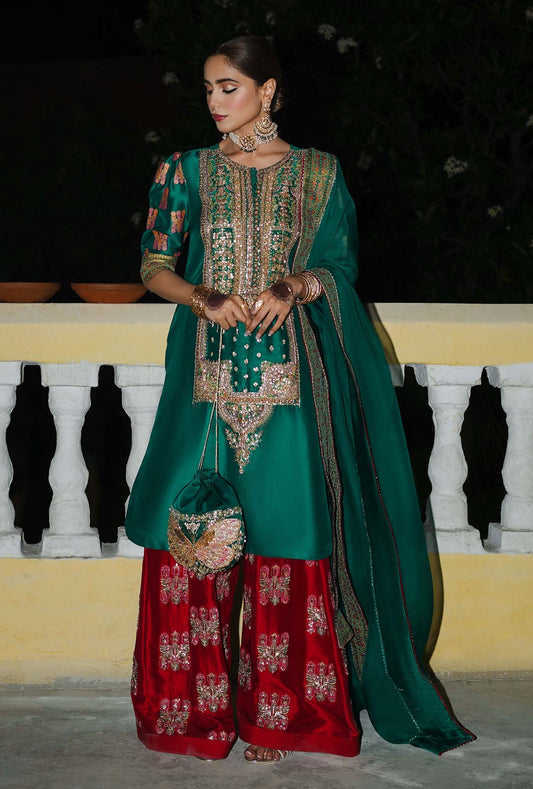 Hussain Rehar -  Luxury Raw Silk Embroidered Unstitched 3 Piece - Beryl