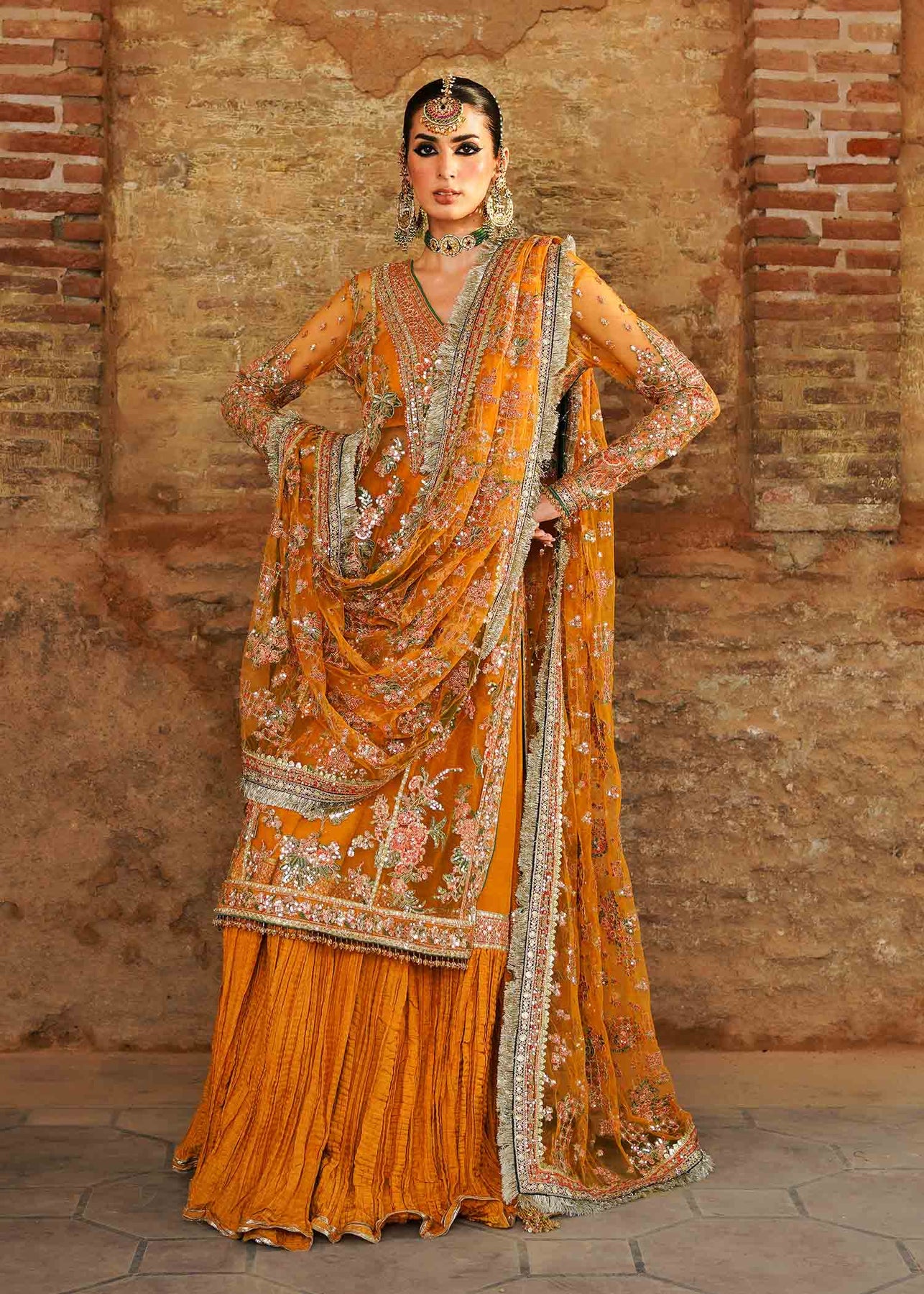 Zaib-un-Nisa by Hussain Rehar Embroidered Net Suits Unstitched 4 Piece HRR23ZN Saffron - Festive Collection