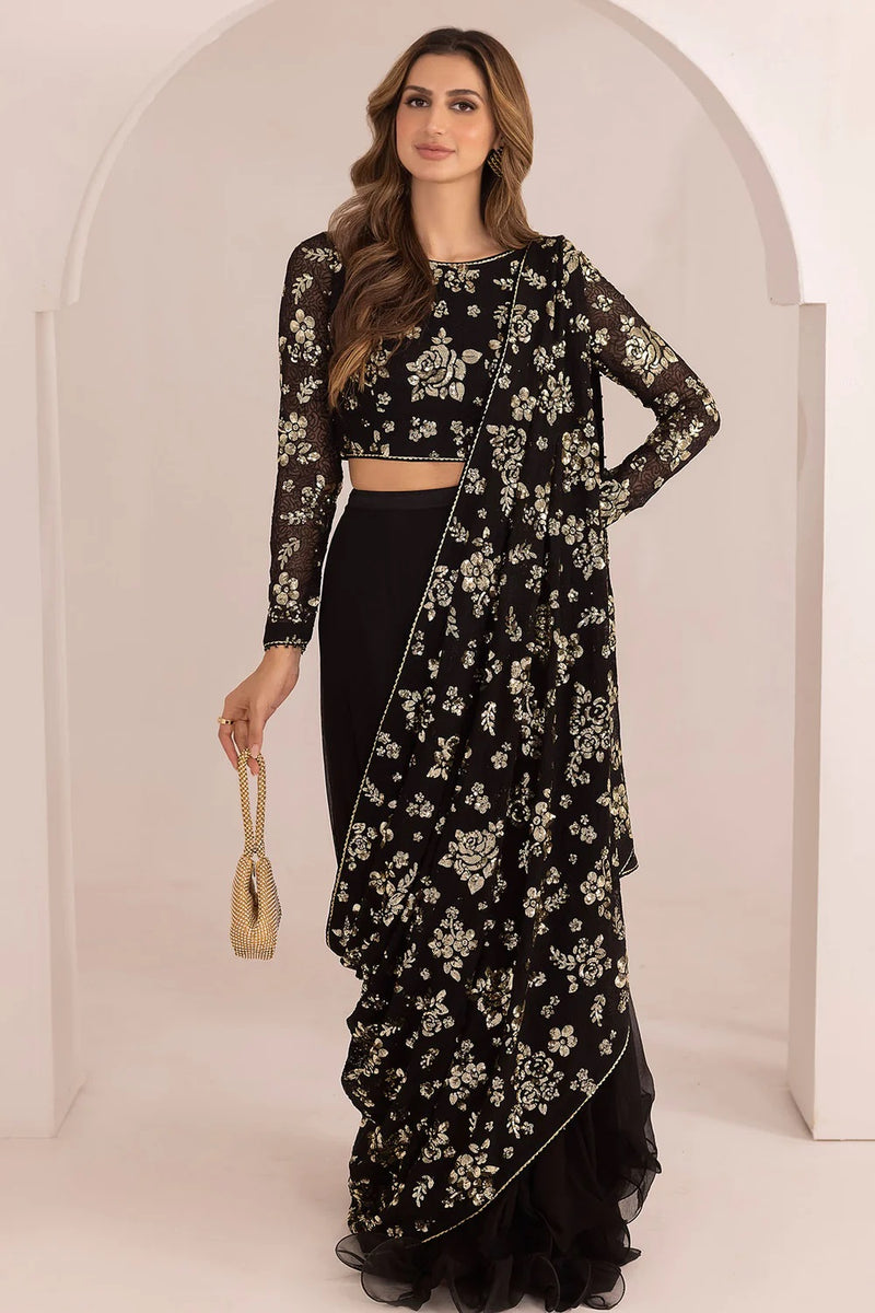 Jazmine Chiffon Embroidered Saree Unstitched UC-3021 BLACK