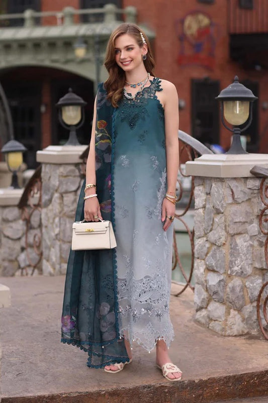 Saadia asad - Lawn Embroidered 3 Piece Unstitched - D10- Teal Ombre