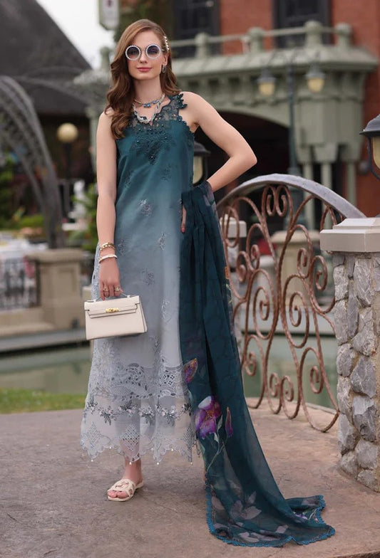 Saadia asad - Lawn Embroidered 3 Piece Unstitched - D10- Teal Ombre