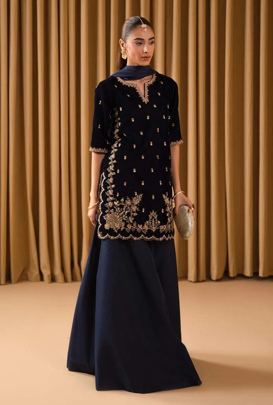 Kaida - Azure - Luxury Velvet Embroidered Unstitched 3 Piece