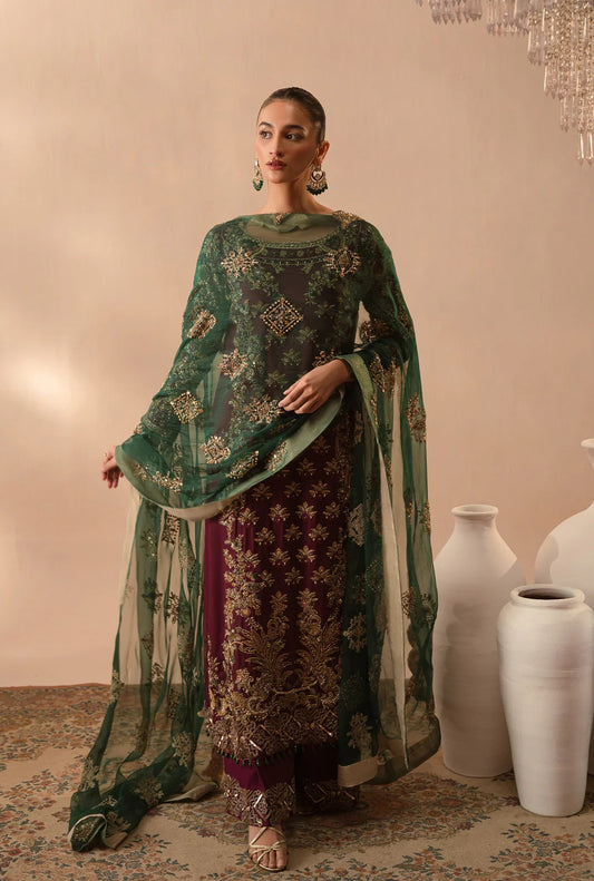 Abeera Usman Raw Silk Handwork Embroidered 3 Pcs Unstitched Burgundy Dusk