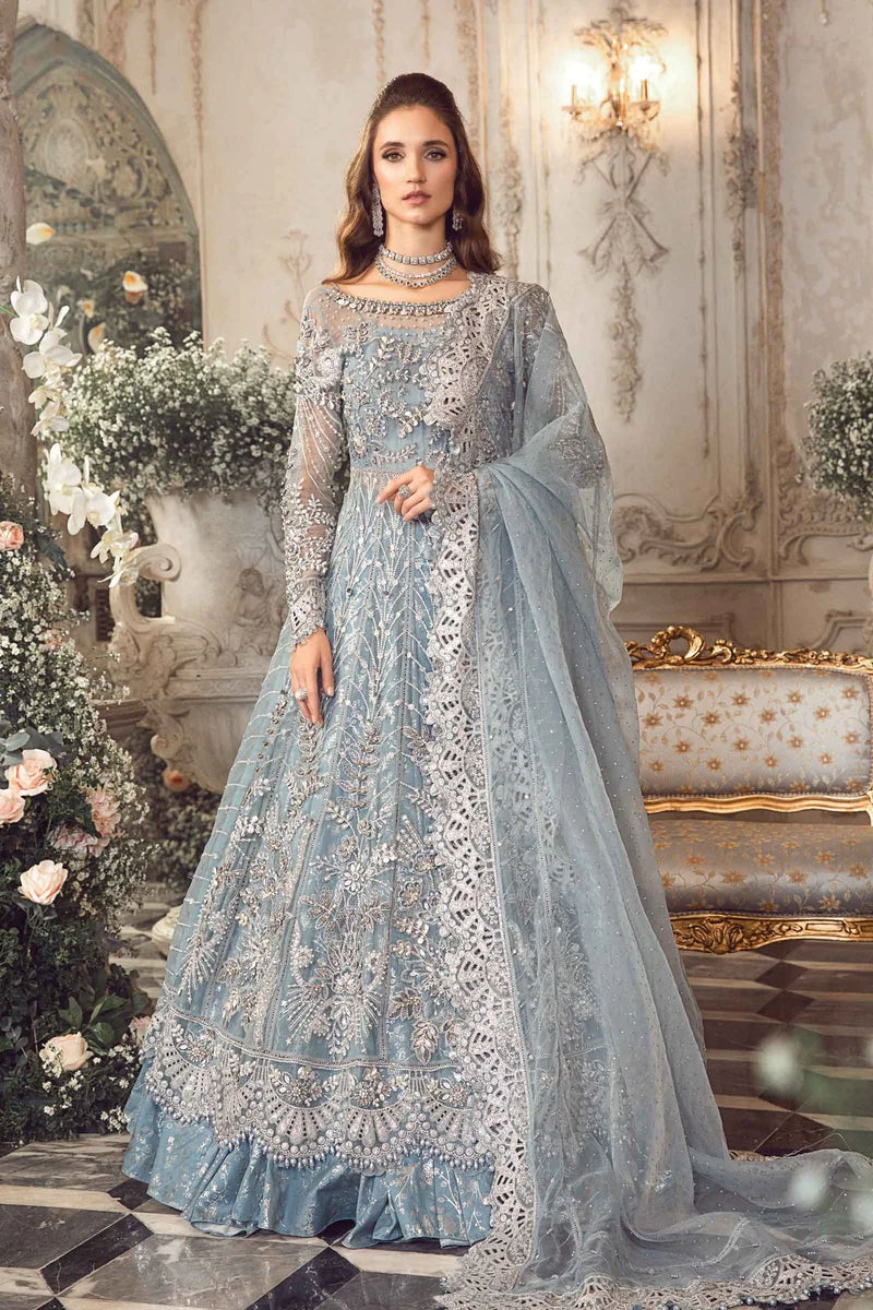 Maria.B Mbroidered Fabrics Unstitched Wedding Formal 3Pc Suit BD-2702 Ice Blue D7