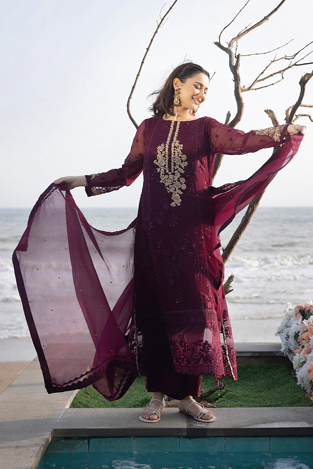 Azure Embroidered Chiffon Collection Unstitched 3 Piece Sequince Embroidered Chiffon Carnelian