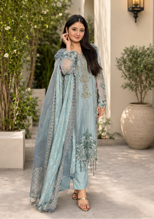 Luxury Embroidered Chiffon 3Pc Stitched Suit MPC-26-106-Slate Blue