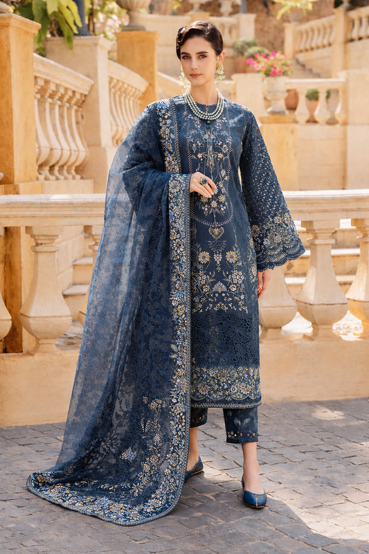 Baroque Embroidered Luxury Lawn Unstitched 3Pc Suit BQU - D10 BLUE