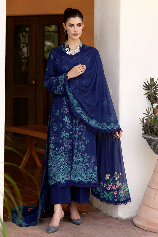 Republic Womenswear Luxury Lawn Embroidered 3 Pc Unstitched Suit NAVY BLUE