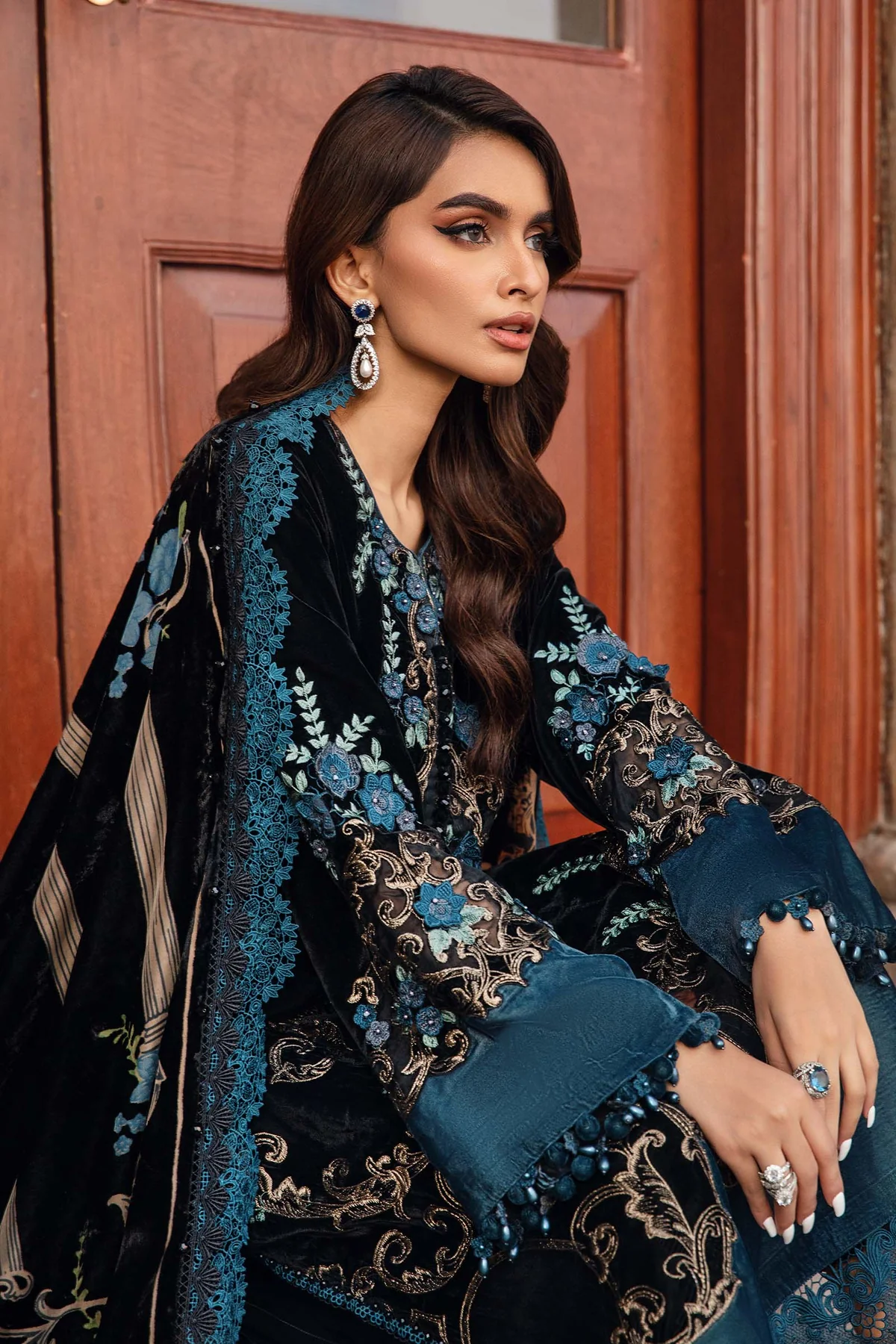 maria b velvet shawl suit