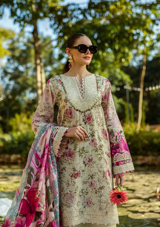 Elaf Luxury Lawn Embroidered 3 Piece Unstitched Elk-06B Roses And Whites(pure chiffon duppatta)