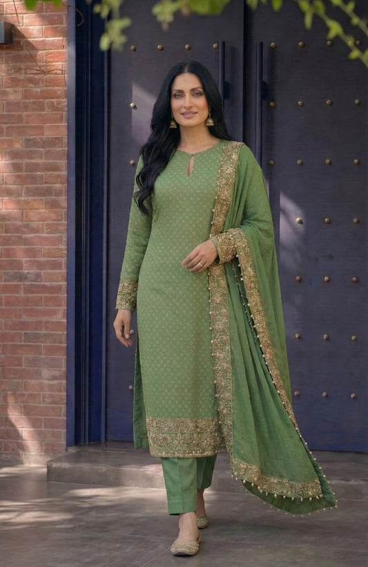 Poshkari Pistachio Chiffon Embroidered Unstitched Collection