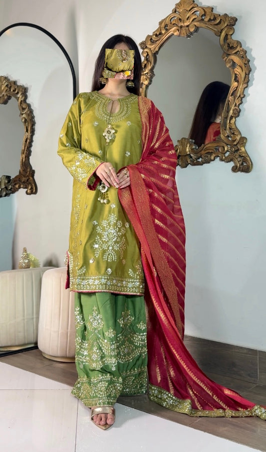 Poshkari Luxury Embroidered Raw Silk 3Pc Stitched Suit PA-123