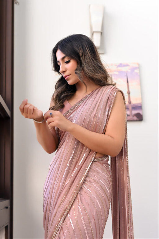 Sitara Dusty Rose Luxury Chiffon Embroidered 3Pc Unstitched Sari PA-229