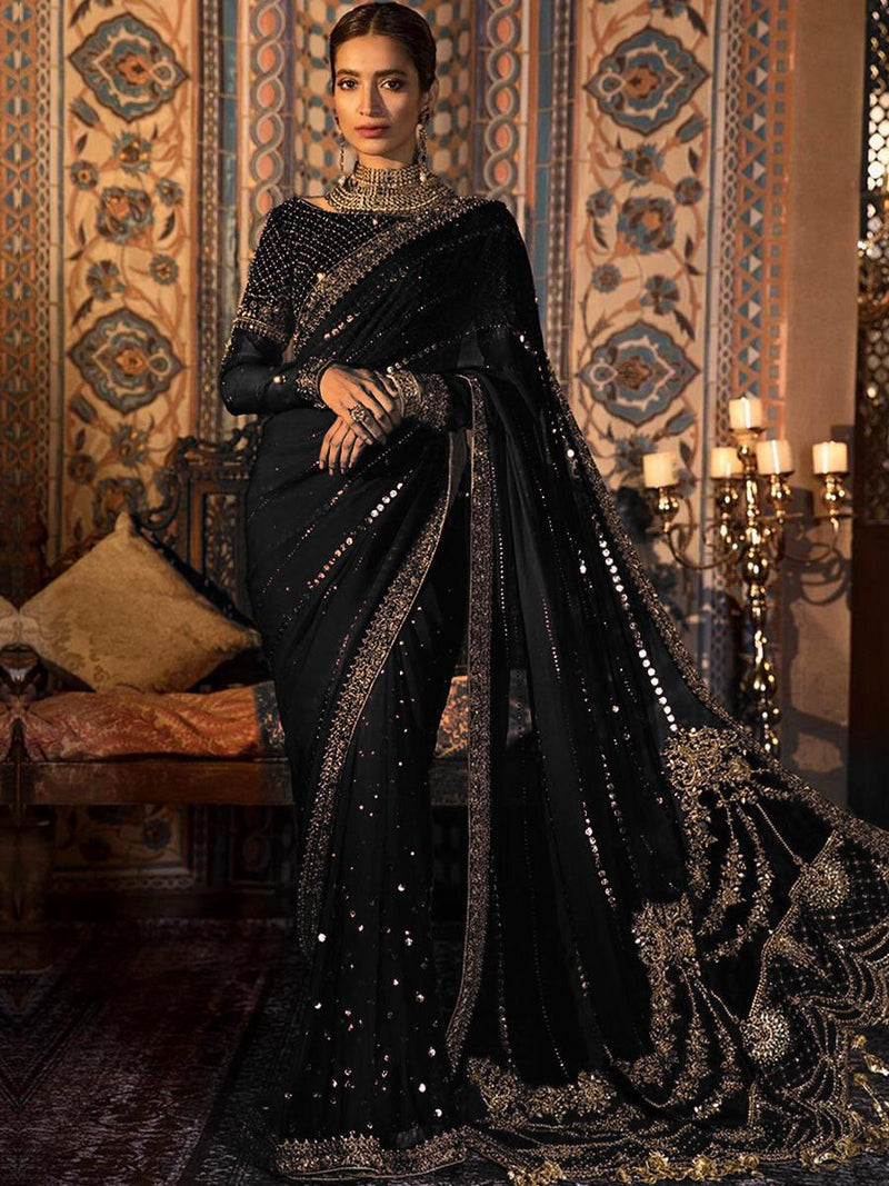 Maria.B Luxury Hand Work Saree Collection Fx-850 Fully Stone And Mukesh Work BLACK