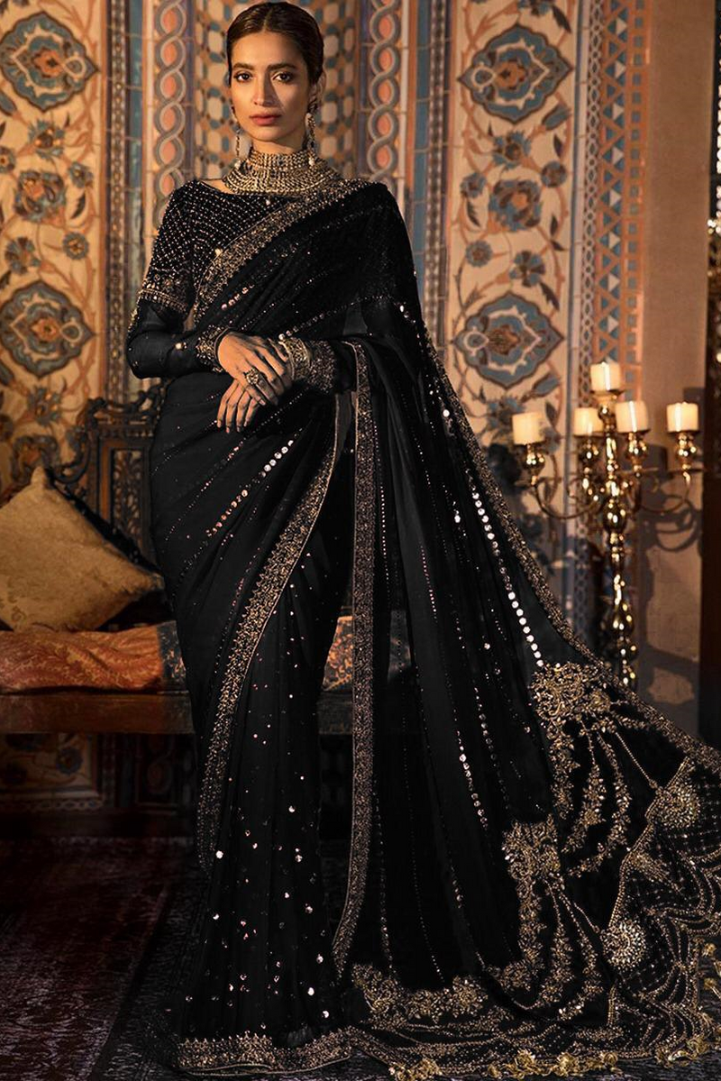 Maria.B Luxury Hand Work Saree Collection Fx-850 Fully Stone And Mukesh Work BLACK