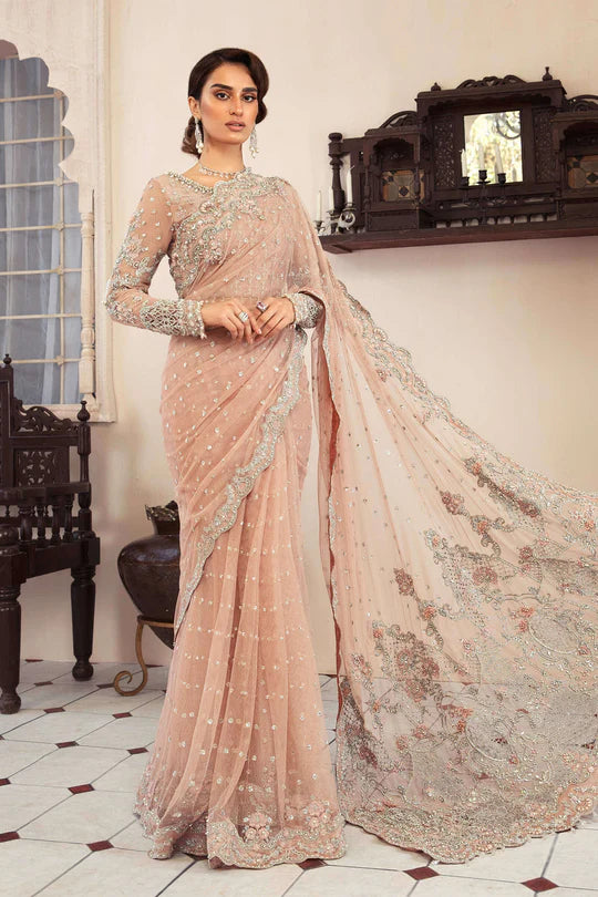 Maria.B Couture Net Embroidered Saree Powder Pink MC-039