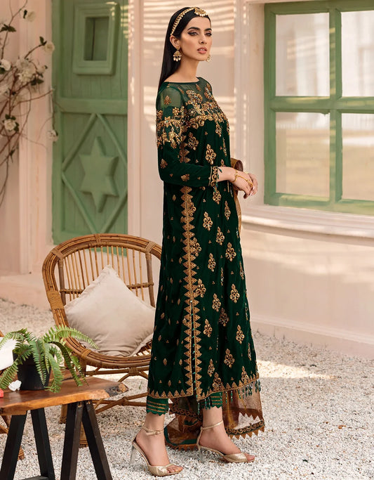 Emaan Adeel Makhmal Unstitched Luxury Velvet 3Pc Embroidered Suit MK-305 Green