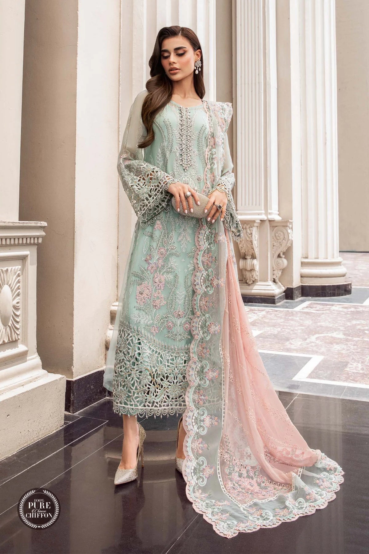 Maria.B Unstitched 3 Pieces Pure Chiffon Embroidered Suit MPC-23-104 Mint Green