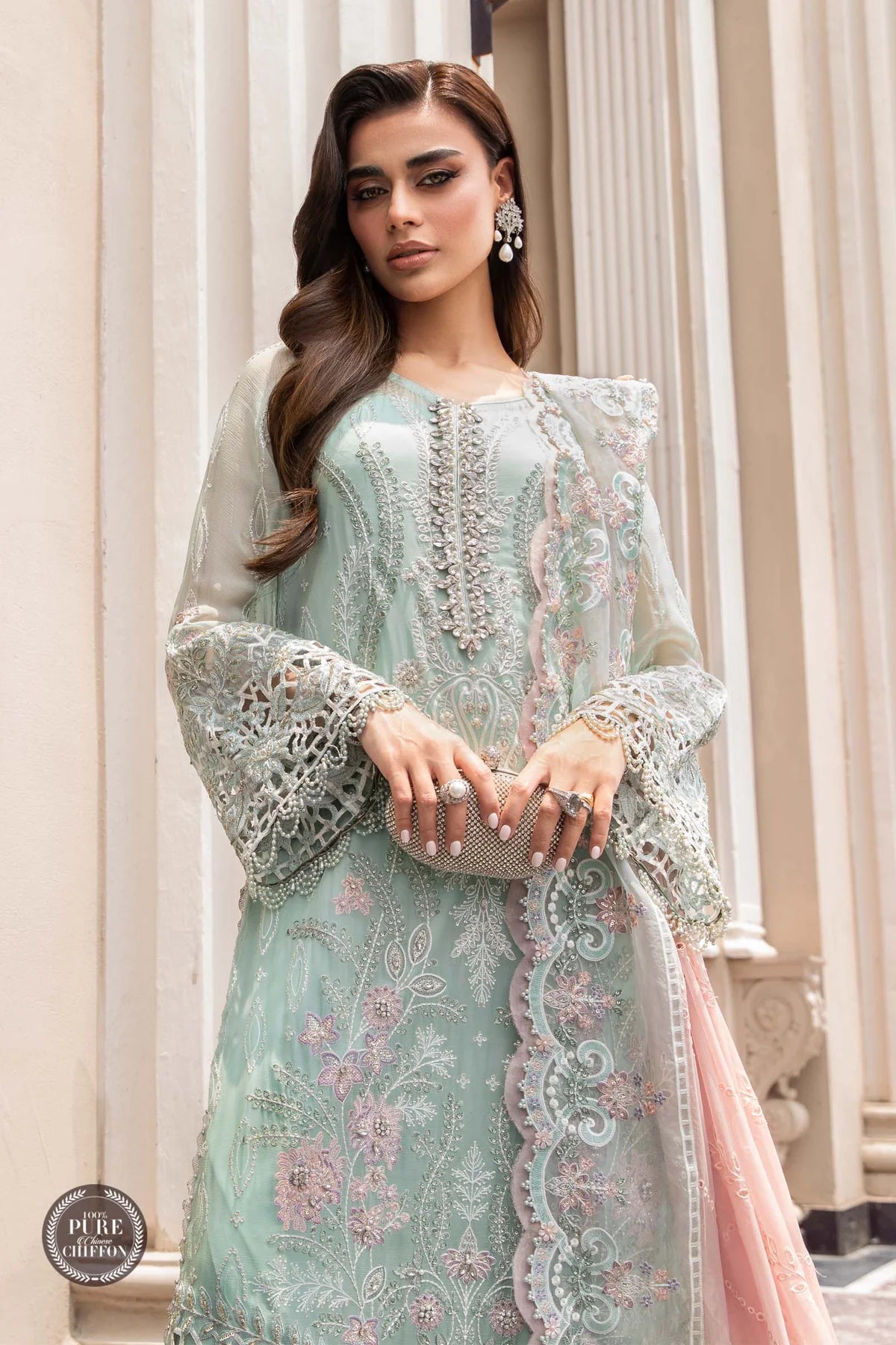 Maria.B Unstitched 3 Pieces Pure Chiffon Embroidered Suit MPC-23-104 Mint Green