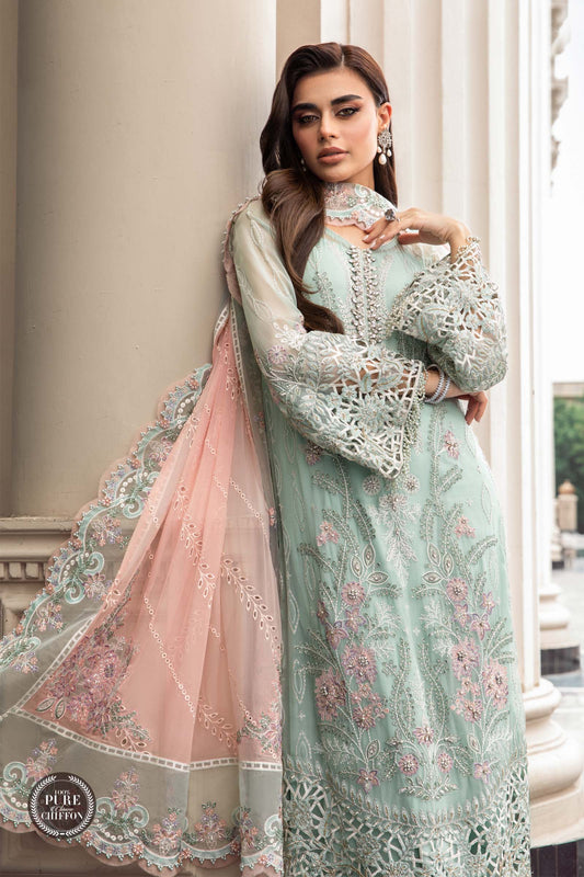 Maria B MPC-23-104-Mint Green Luxury Chiffon Embroidered 3Pc Unstitched Suit PA-216
