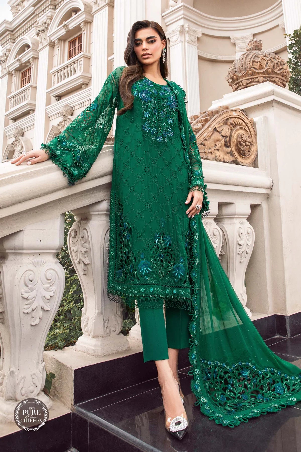 Maria.B Unstitched Chiffon Embroidered Suit MPC 23 108 Emerald Green Pehnawa